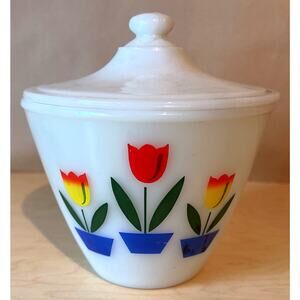 Vintage Anchor Hocking Fire King Tulip Ivory Grease Jar with Lid